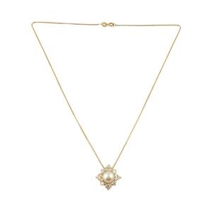 Vintage 14 Karat Yellow Gold Pearl and Diamond Pendant Necklace #12878